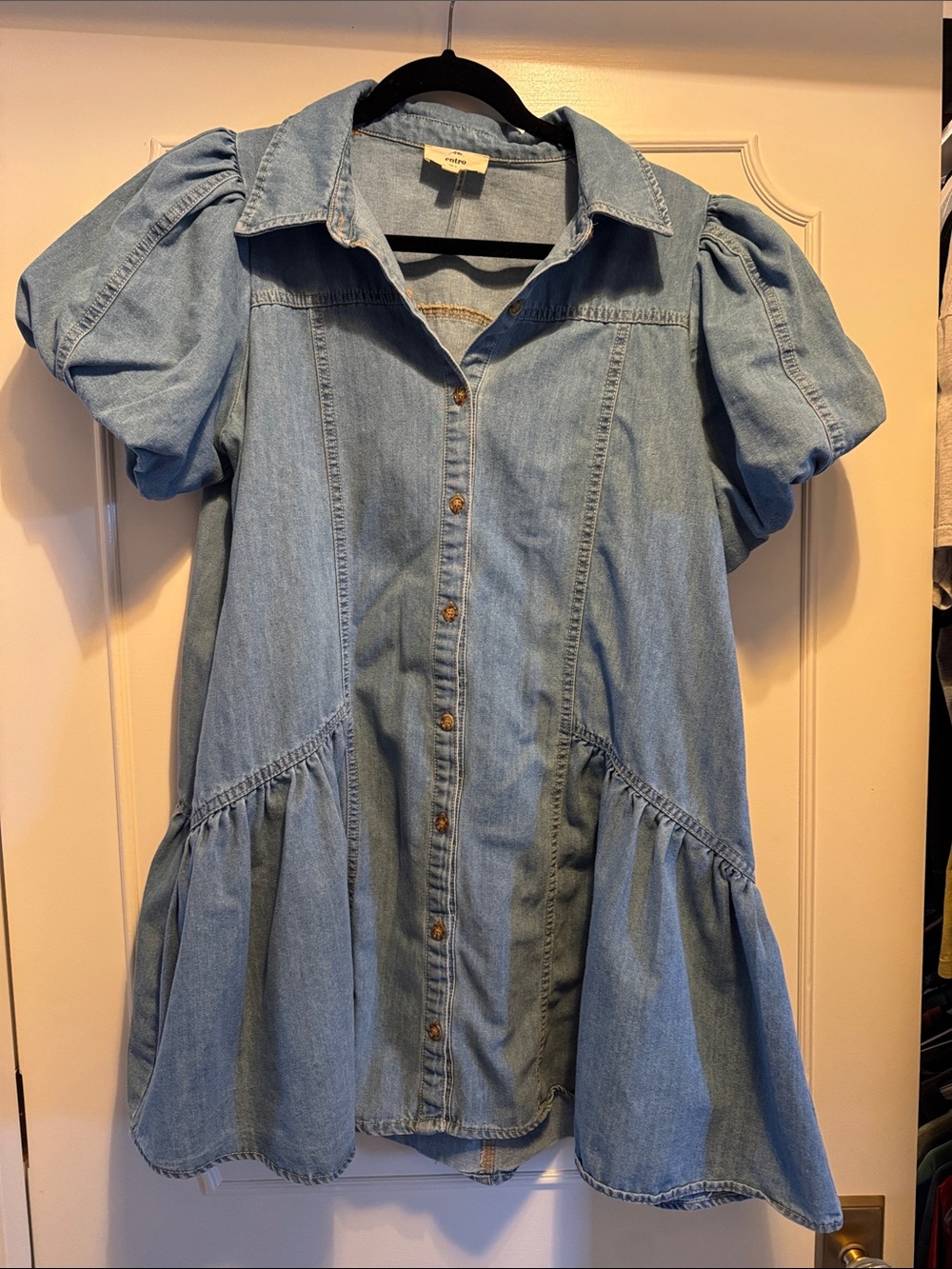 entro Light Blue Denim Puff-Sleeve Kids Dress
